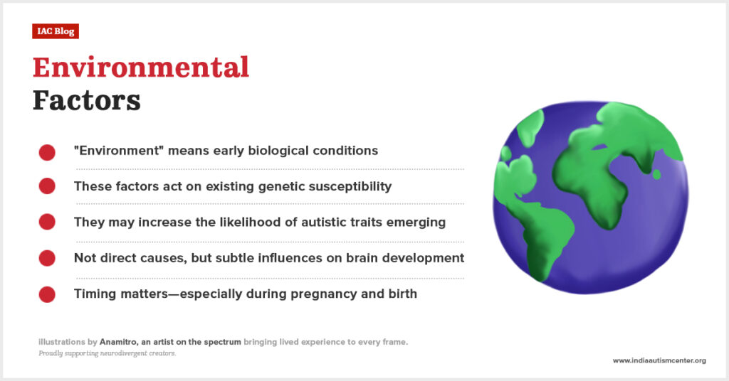 Environmental influences like pollution, prenatal stress, and toxins linked to autism.
