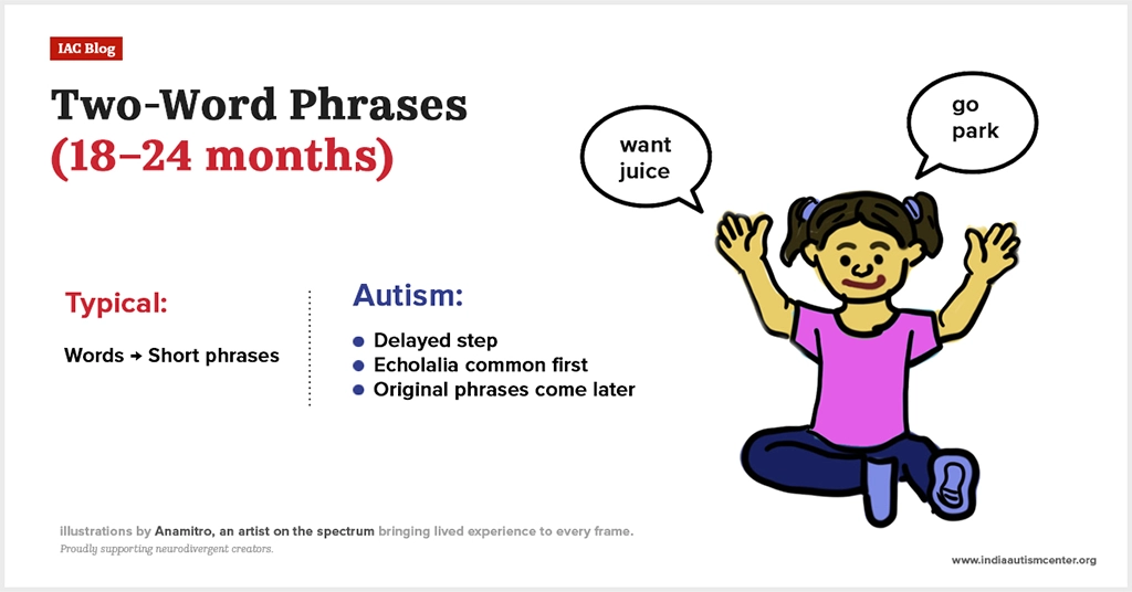 Chart comparing typical and autistic two-word phrase development (18-24 months).