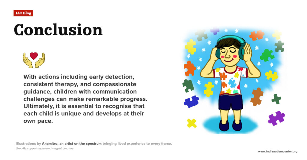Illustration of a happy child listening to music surrounded by colorful puzzle pieces, symbolizing progress and individuality in autism and speech delay therapy