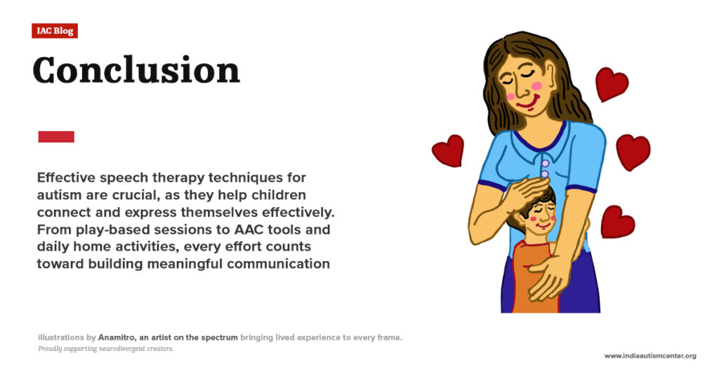 Mother hugging child with hearts around them – conclusion on effective speech therapy for autism