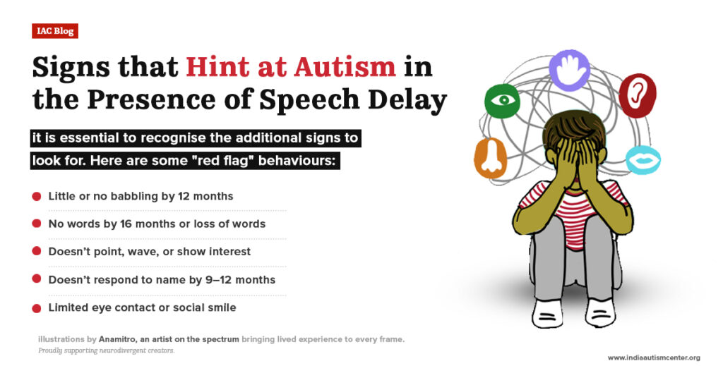 Illustration of a child covering face surrounded by sensory icons, explaining signs that indicate autism in the presence of speech delay