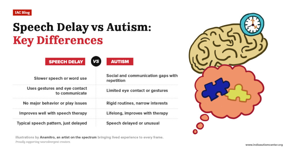 Comparison chart highlighting key differences between speech delay and autism with a brain and puzzle piece illustration