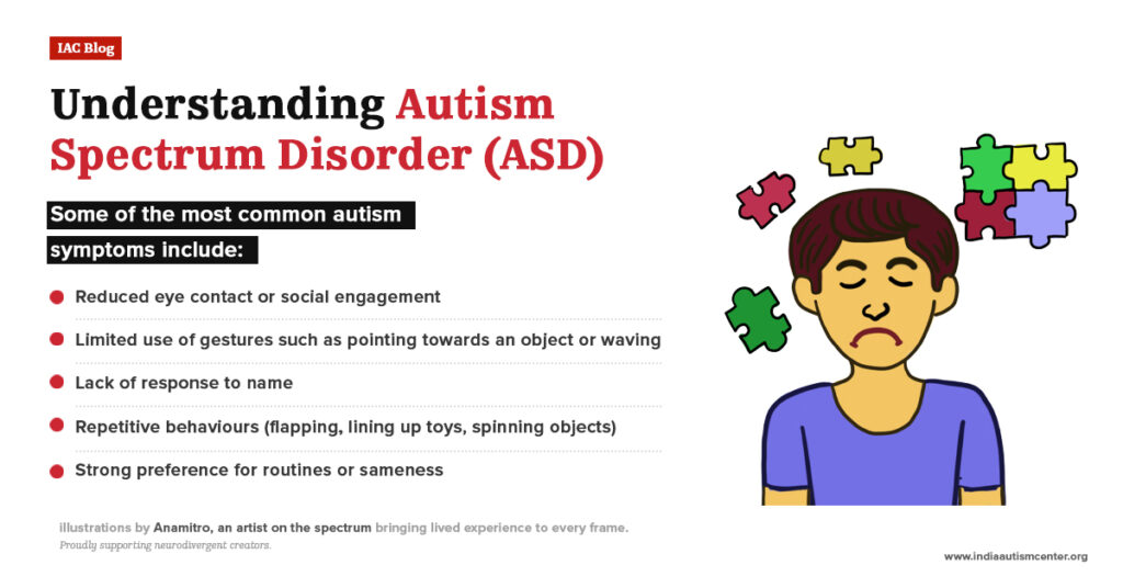 Illustration of a child surrounded by colorful puzzle pieces, listing common symptoms of autism spectrum disorder 