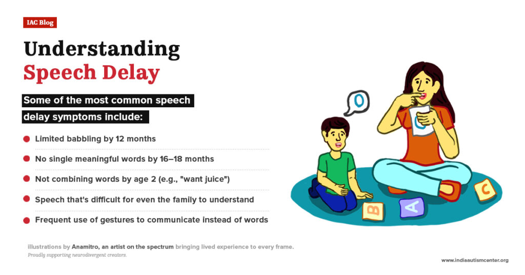 Illustration of a parent teaching speech to a young child using gestures, highlighting common speech delay symptoms.