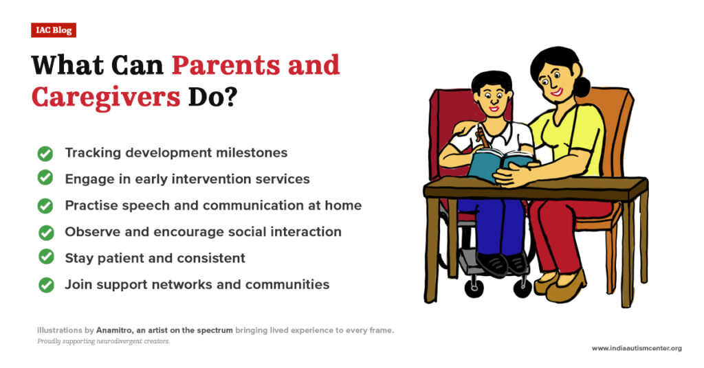 Illustration of a mother helping her child read a book, highlighting steps parents and caregivers can take to support children with speech or communication challenges