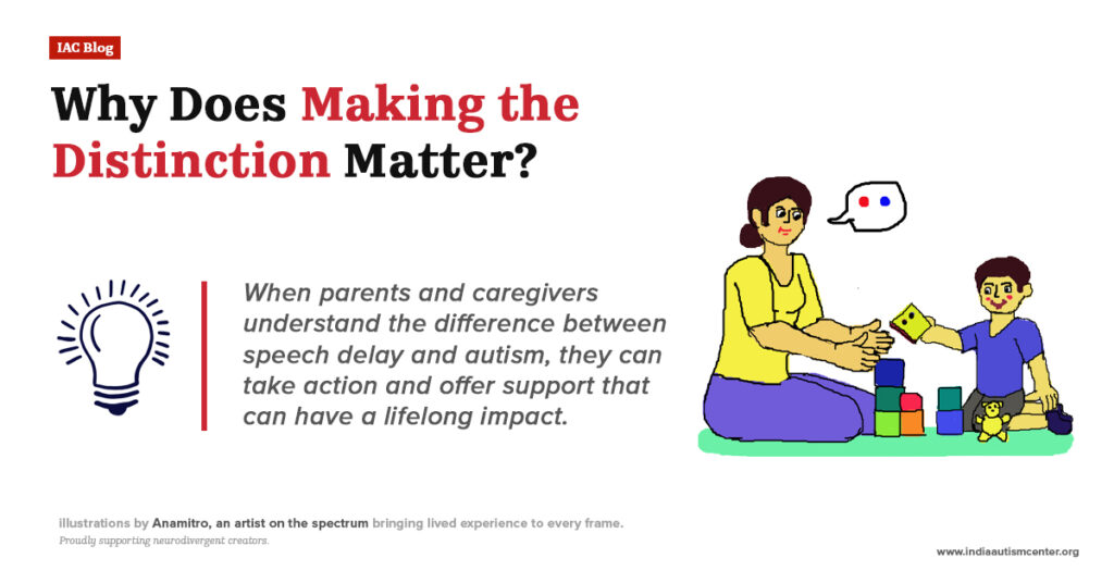 Illustration of a parent playing and communicating with a child using blocks, emphasizing why distinguishing autism from speech delay matters
