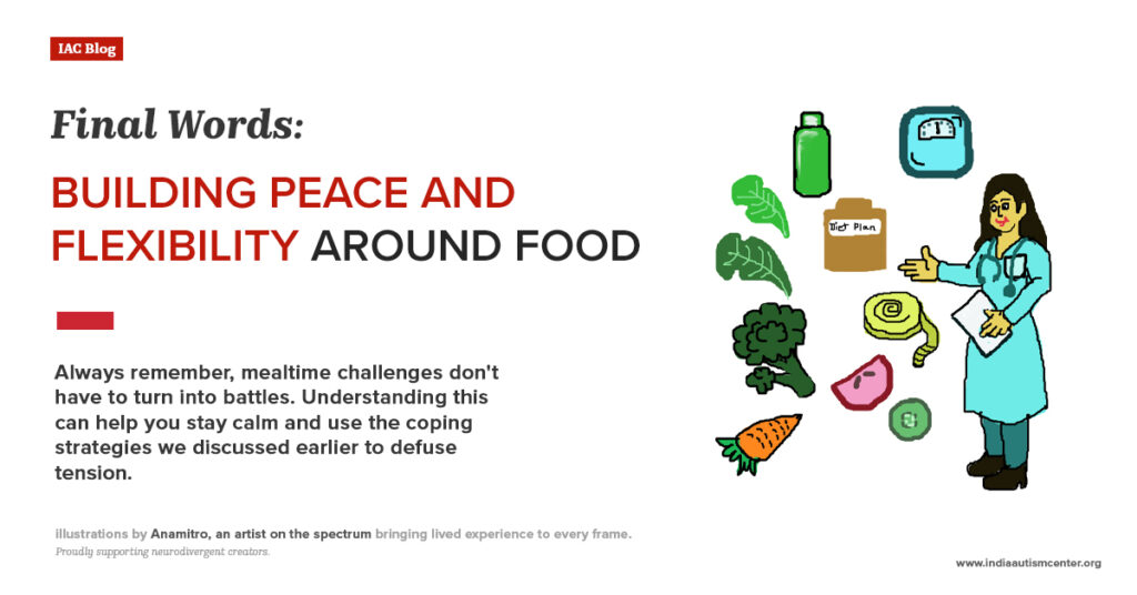 Illustration showing a nutritionist guiding healthy food choices to build peace and flexibility around food for autistic children
