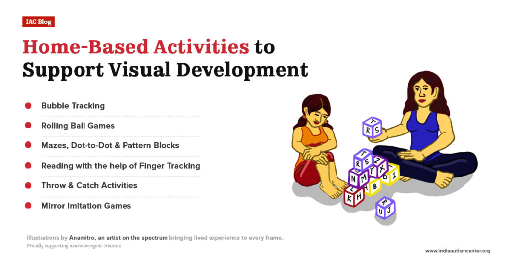 Illustration of a mother and child doing visual development activities at home with blocks, alongside a list of home-based activities for improving visual skills in children
