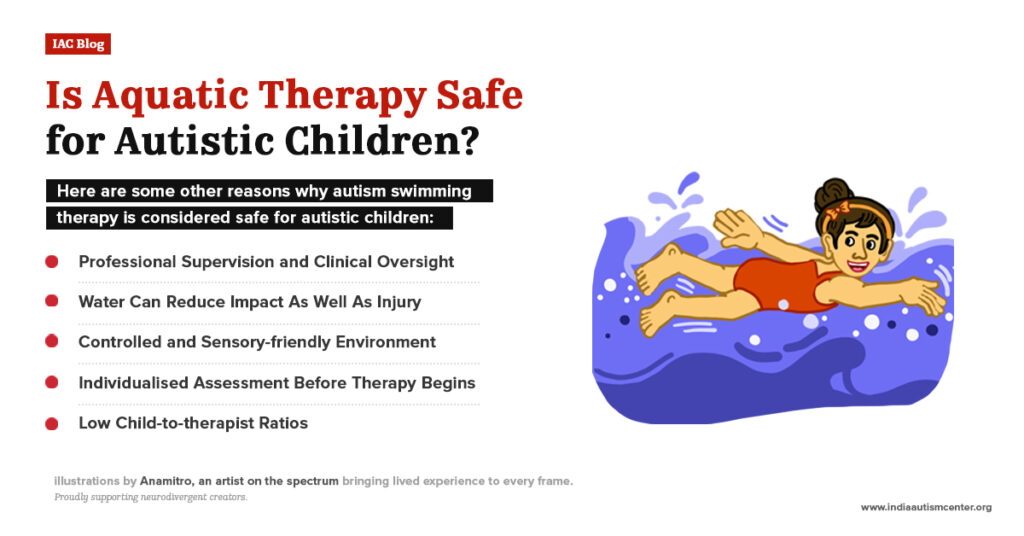 Autistic child swimming with therapist during supervised aquatic therapy, showing a safe and sensory-friendly therapy environment.