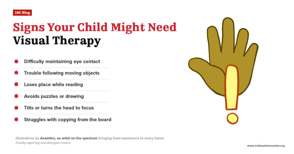 Graphic showing signs a child may need visual therapy, such as difficulty with eye contact, tracking objects, and reading alignment, with an illustrated warning hand
