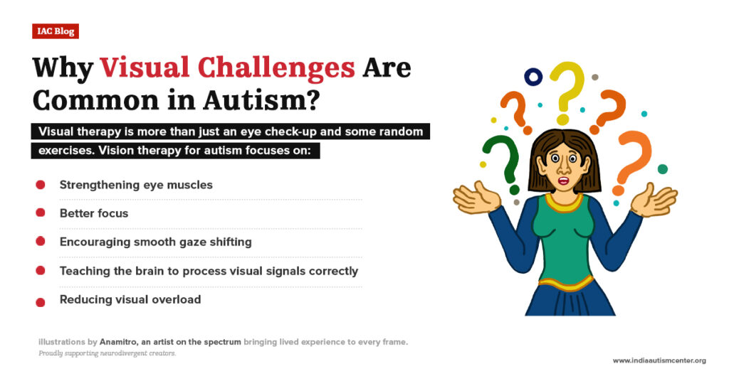 Graphic of a confused woman with question marks, explaining why visual challenges occur in autism, including issues with focus and gaze shifting