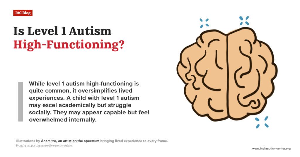 Illustration explaining whether level 1 autism is considered high-functioning and how individuals may appear capable but feel overwhelmed internally.