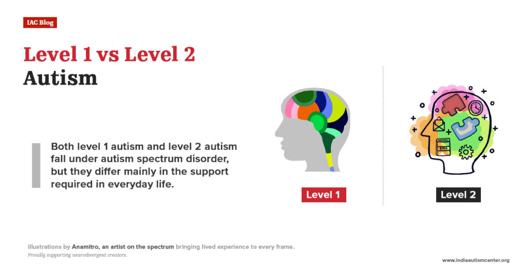 Comparison between level 1 autism and level 2 autism highlighting differences in daily support needs and functioning.