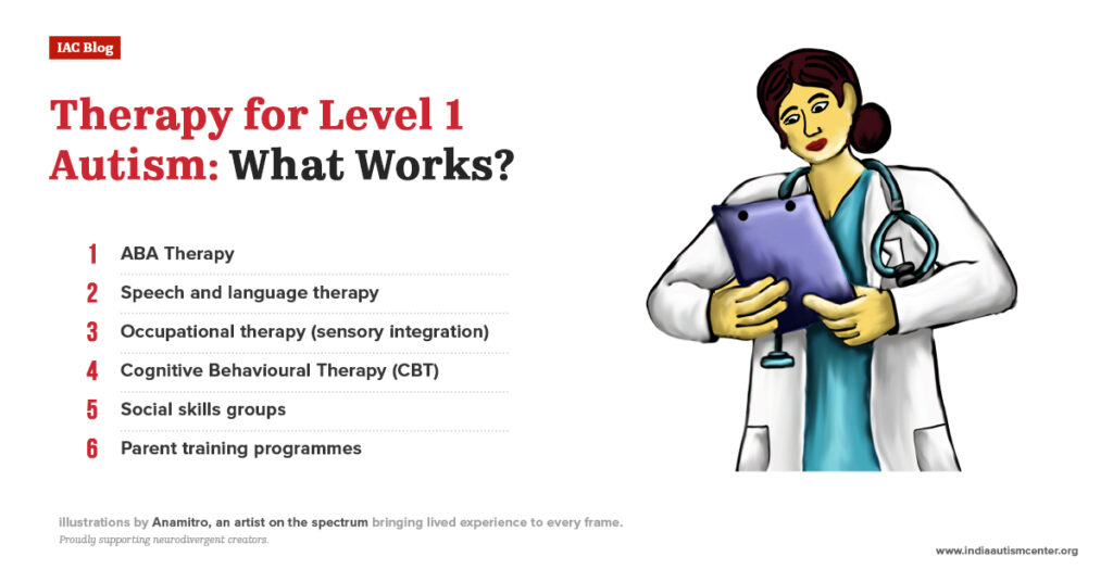 Therapies for level 1 autism including ABA therapy, speech therapy, occupational therapy, CBT, and social skills training.
