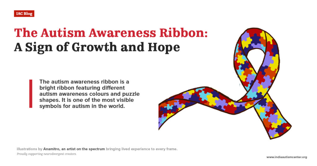 Autism awareness ribbon with multicolour puzzle pattern symbolising growth, hope and inclusion