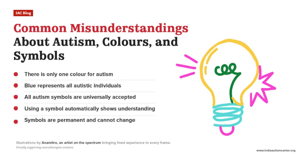 Common misunderstandings about autism colours and symbols with lightbulb illustration and awareness points