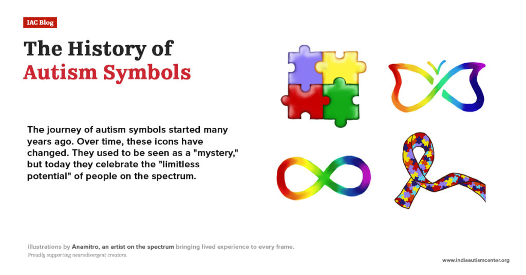 History of autism symbols featuring puzzle piece, infinity sign and awareness ribbon evolution