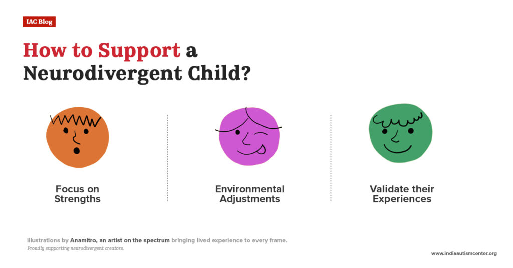 Illustration showing key ways to support a neurodivergent child, including focusing on strengths, environmental adjustments, and validation.