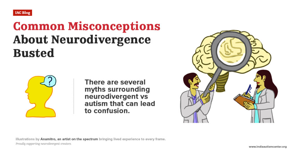 Illustration debunking common myths about neurodivergence and autism, with experts examining the brain to clarify misconceptions.