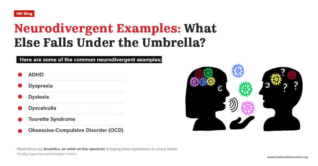 Illustration listing neurodivergent conditions such as ADHD, dyslexia, dyspraxia, dyscalculia, OCD, and Tourette syndrome.