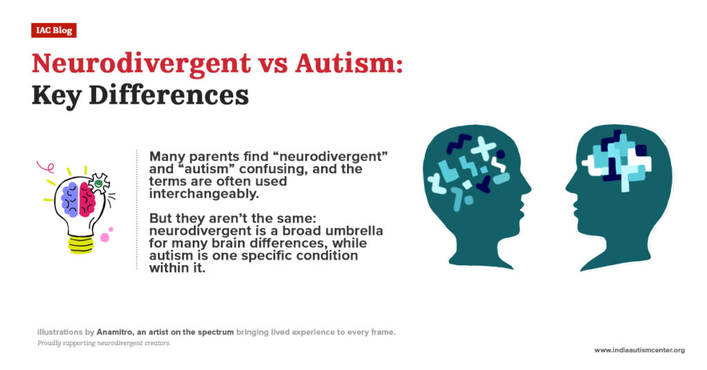 Visual comparison of neurodivergent vs autism showing that neurodivergence is a broad umbrella while autism is a specific condition.