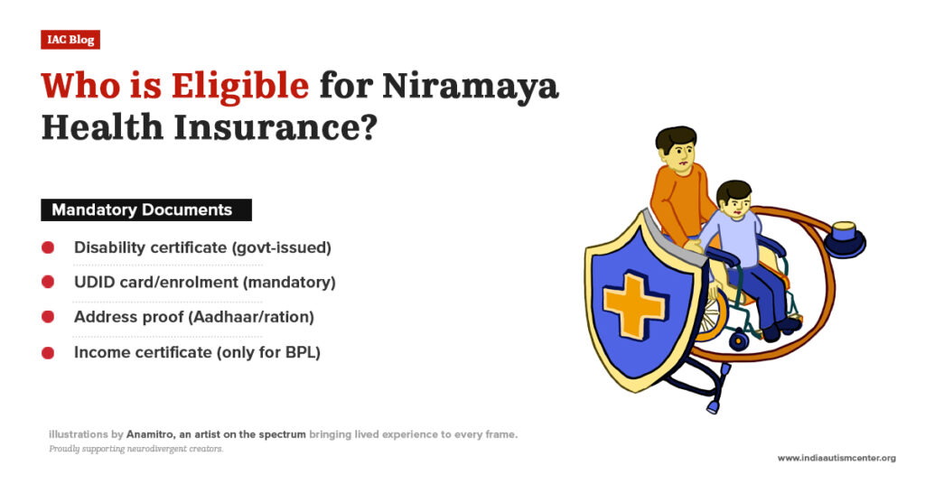 Eligibility criteria for Niramaya health insurance including disability certificate UDID card address proof and income certificate