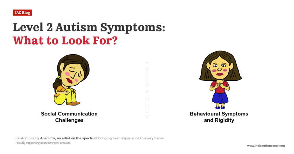 Level 2 autism symptoms including social communication challenges and behavioral rigidity