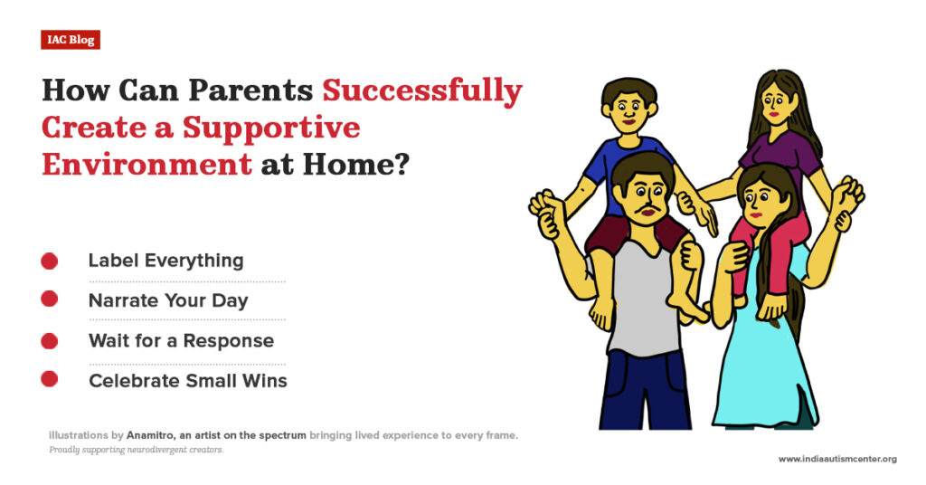 Family using strategies like labeling, narration, and encouragement to support a nonverbal autistic child.