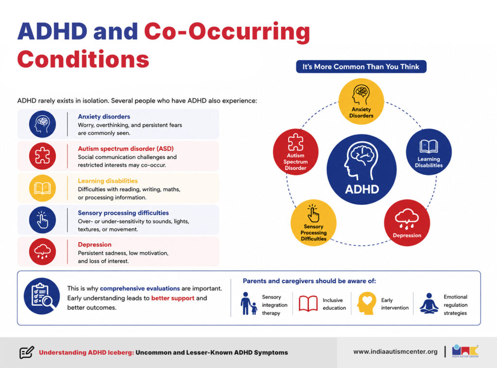 ADHD co-occurring conditions infographic covering anxiety, autism, learning disabilities and sensory issues