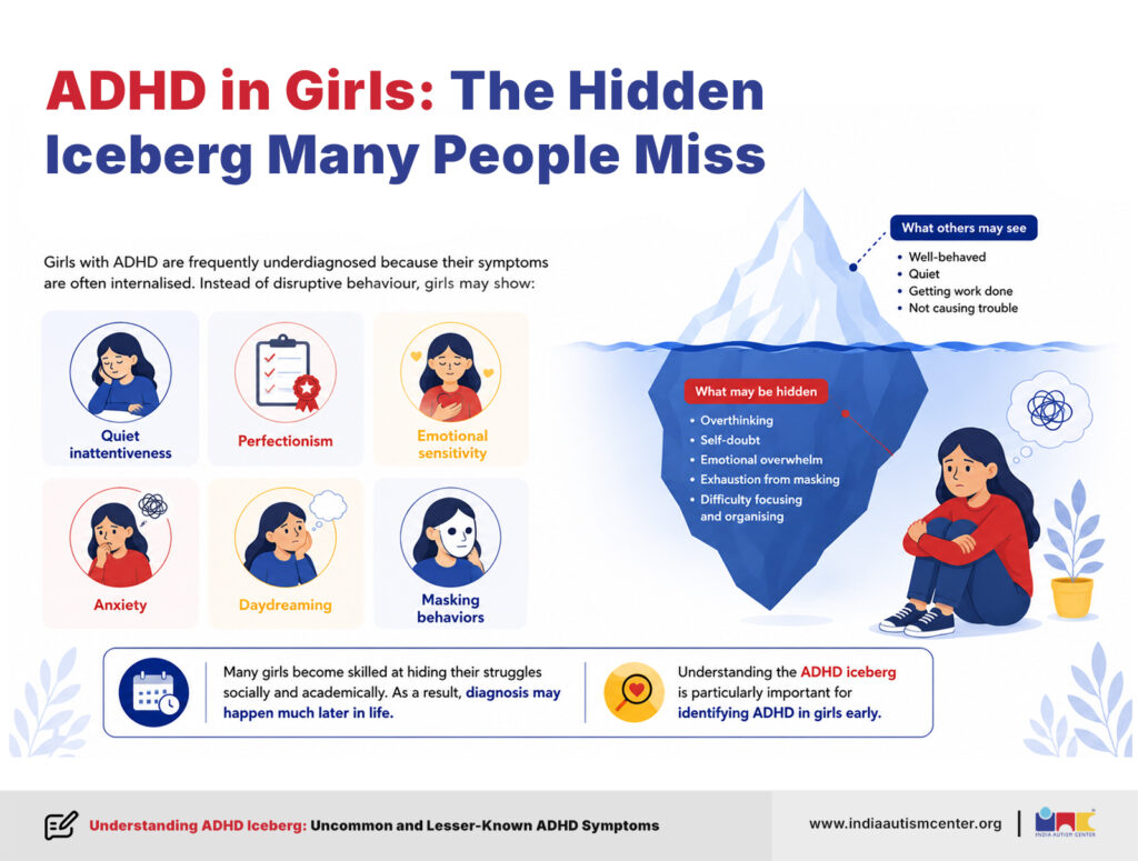 ADHD in girls infographic showing quiet inattentiveness, perfectionism, anxiety, daydreaming and masking behaviours