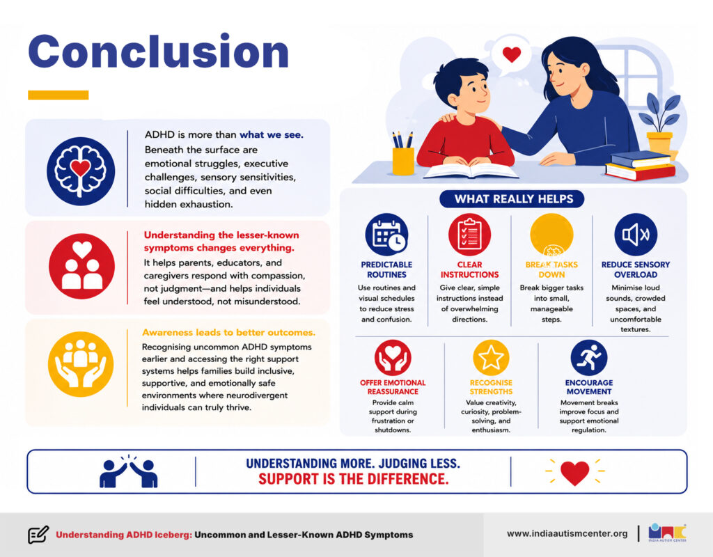 ADHD support infographic showing routines, clear instructions, sensory breaks and emotional reassurance for children