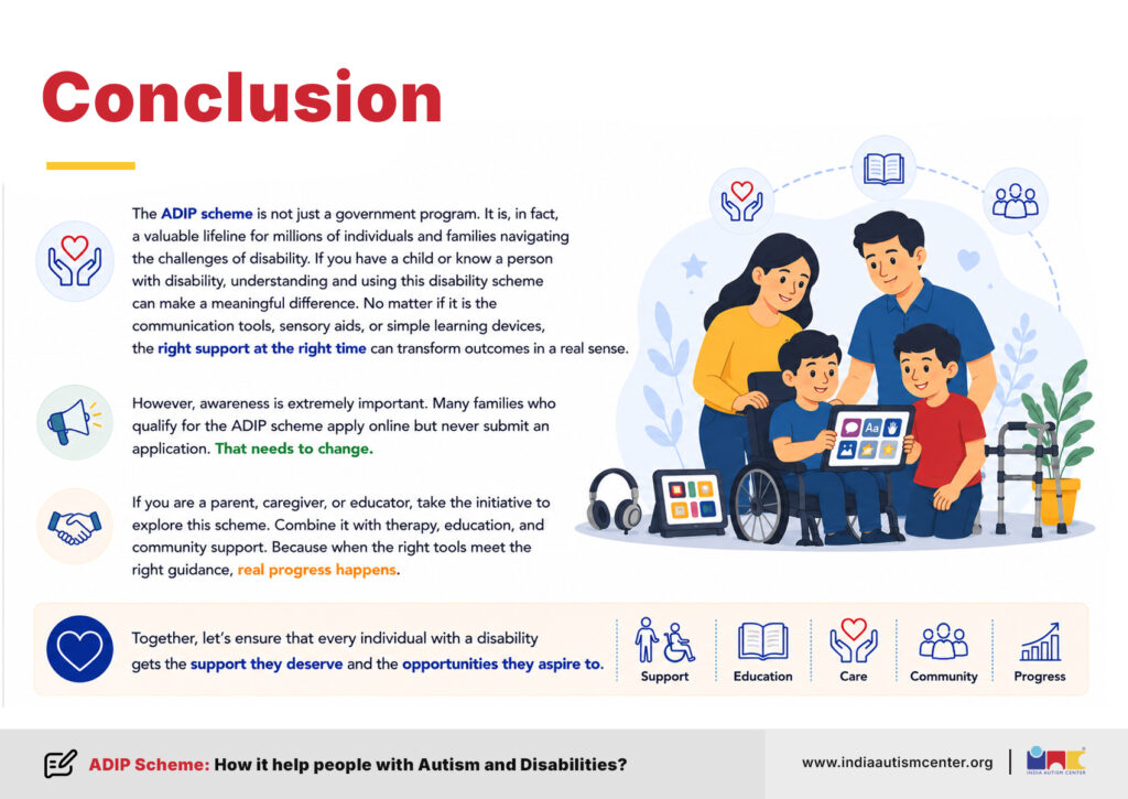 Conclusion infographic about the ADIP Scheme supporting people with autism and disabilities through care education and assistive tools