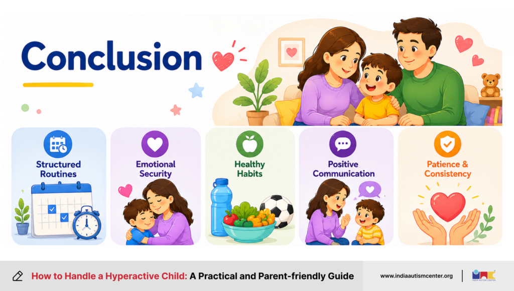 Conclusion on handling a hyperactive child with routines, patience and positive communication