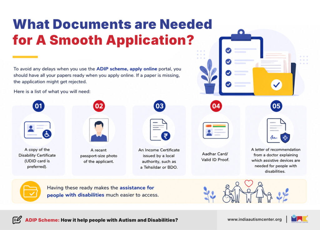 Required documents for ADIP Scheme application including Aadhaar disability certificate income proof and medical recommendation