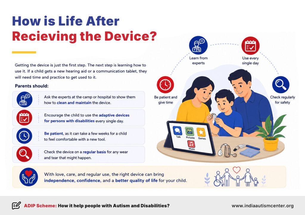 Parents helping a child use assistive devices after receiving support through the ADIP Scheme