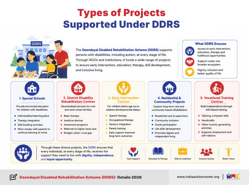 Types of projects supported under DDRS including special schools, early intervention centres and vocational training