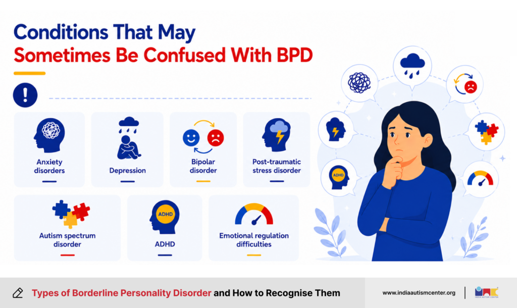 Conditions sometimes confused with BPD including anxiety, depression, bipolar disorder, ADHD and autism