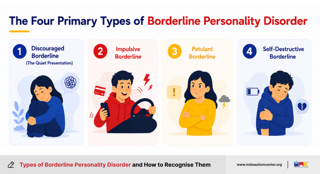 Four primary types of borderline personality disorder including discouraged, impulsive, petulant and self-destructive BPD