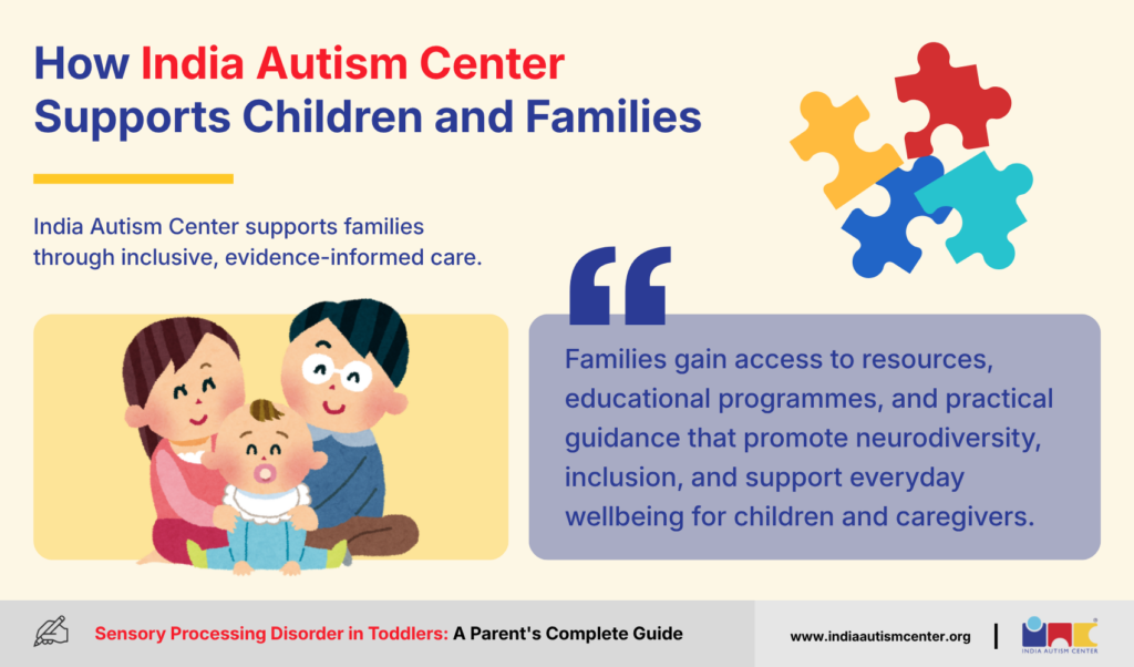 Illustration showing India Autism Center’s support for children and families through inclusive care, resources, and practical guidance.