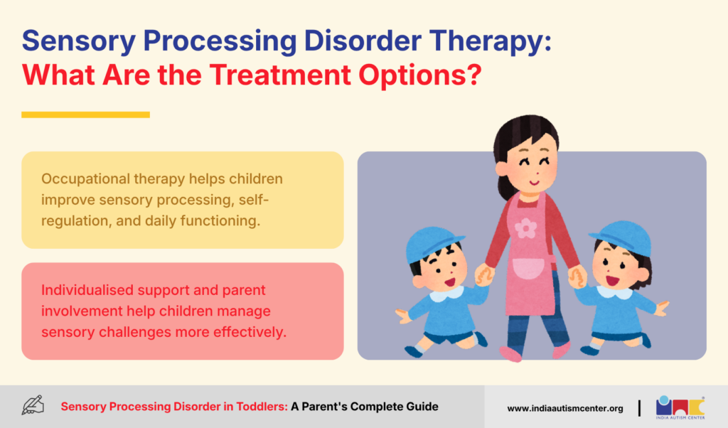 Graphic about sensory processing disorder therapy showing occupational therapy, parent involvement, and treatment support options.