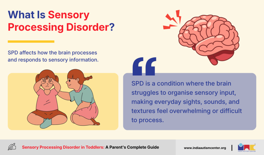 Illustration explaining sensory processing disorder with a child being comforted and a brain graphic.