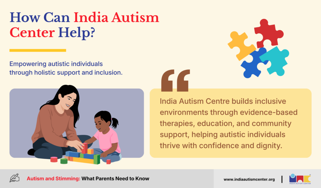 Therapist supporting an autistic child through play-based activities at India Autism Center