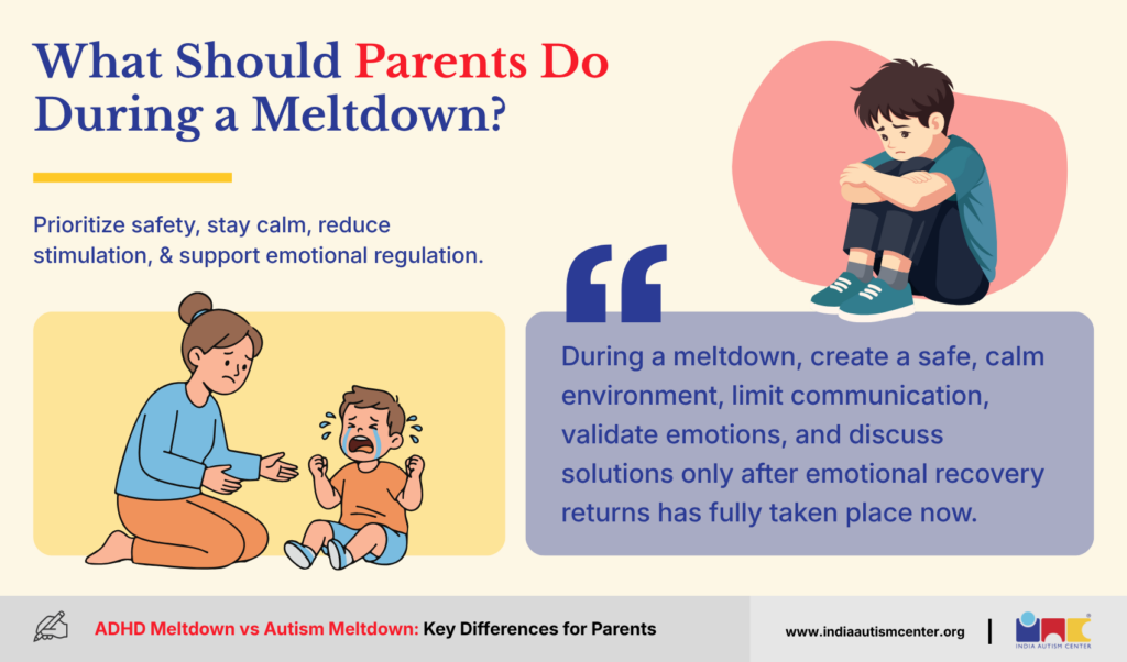 Parent calmly supporting a distressed child during a meltdown
