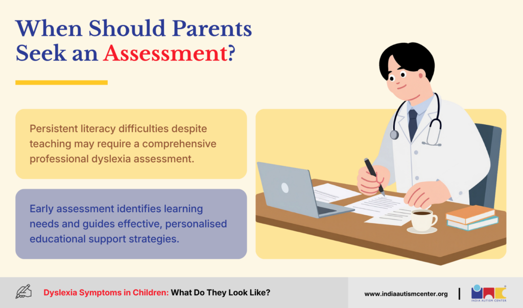 Professional reviewing dyslexia assessment records for a child with persistent literacy difficulties