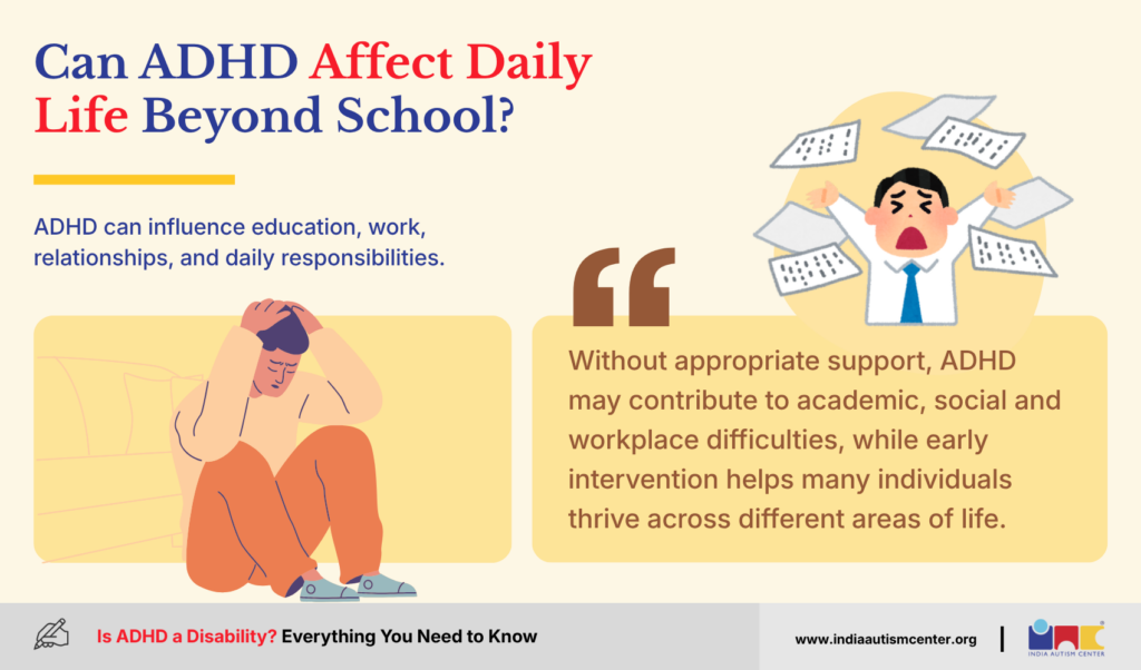 Illustration showing how ADHD can affect work relationships education and daily responsibilities