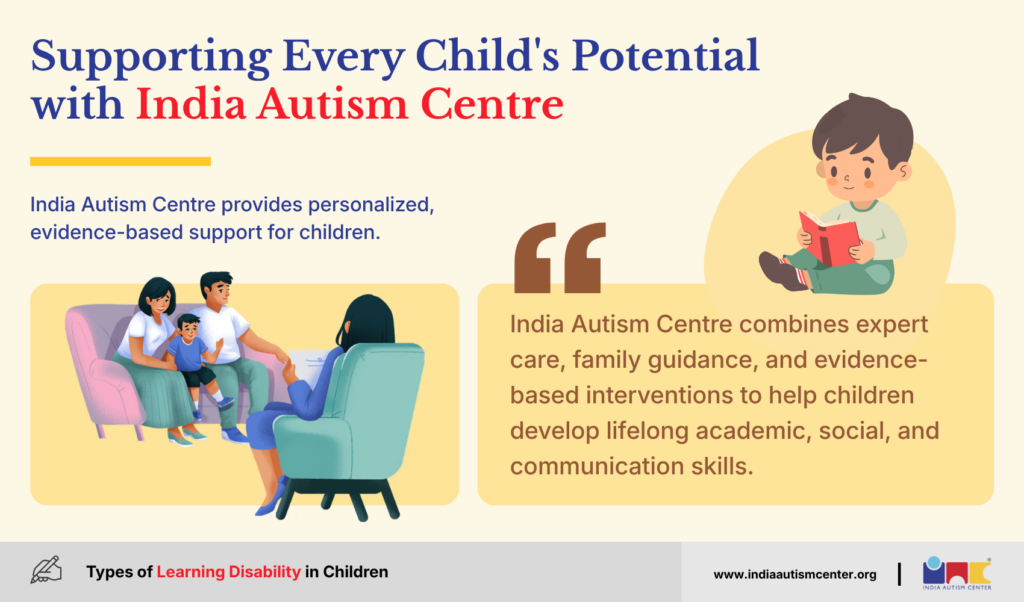 India Autism Centre infographic promoting personalized evidence-based support for children with learning disabilities