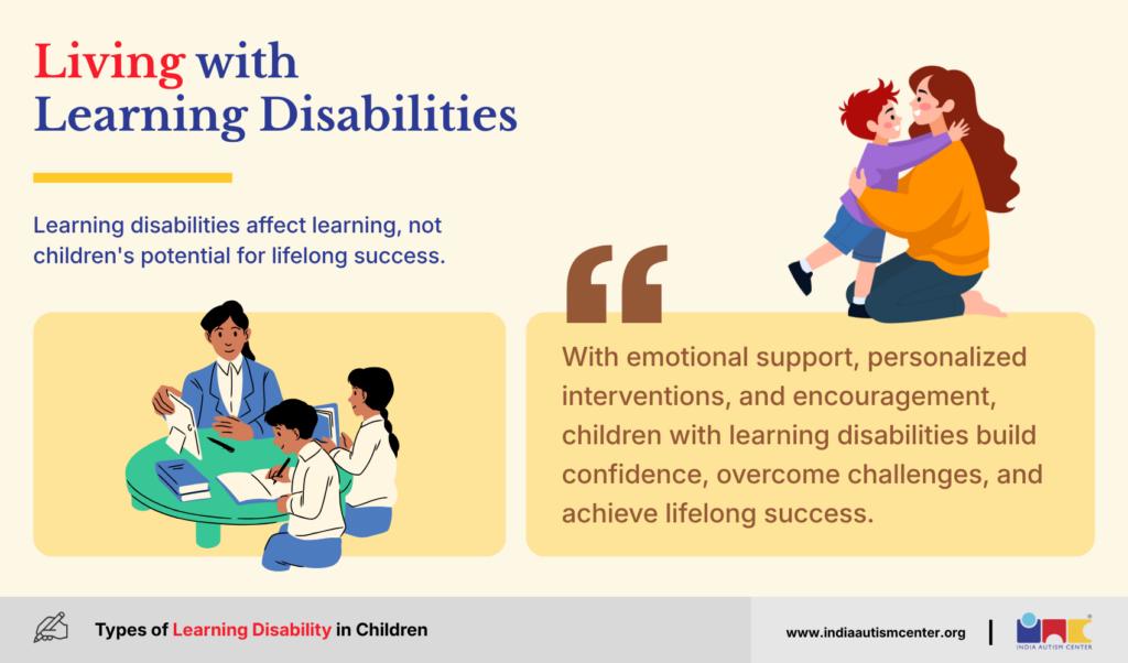 Living with learning disabilities infographic highlighting emotional support, personalized education, and lifelong success