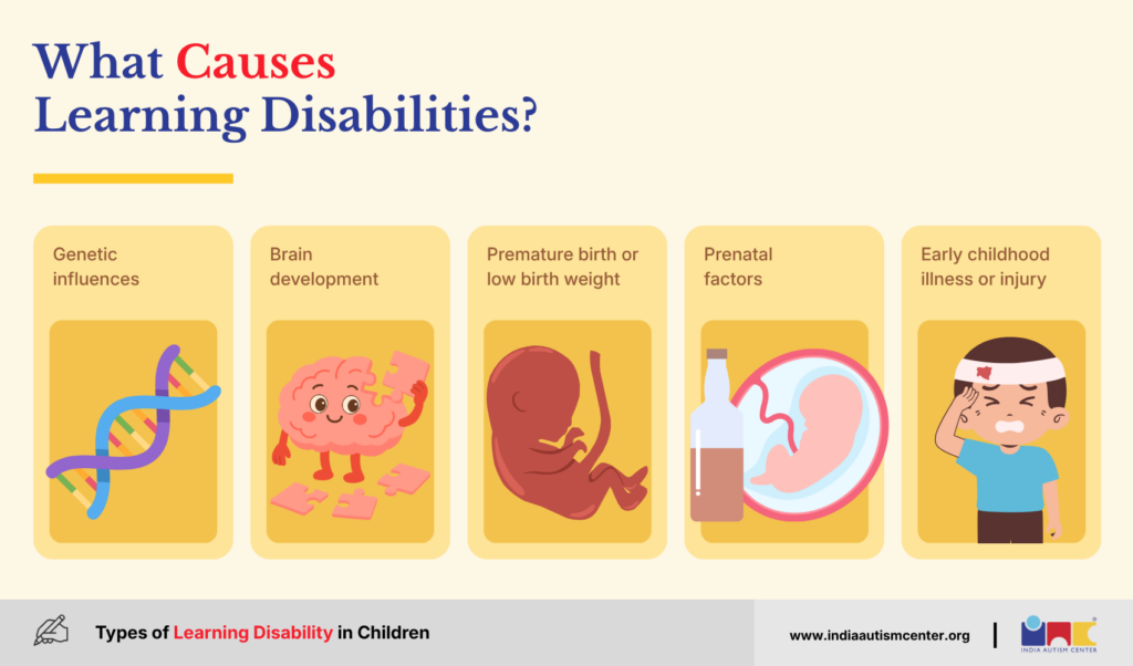 Infographic illustrating common causes of learning disabilities including genetics, brain development, prenatal factors, and childhood illness
