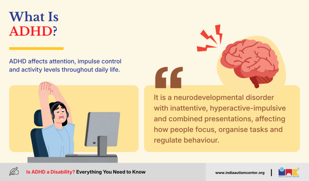 Illustration explaining ADHD as a neurodevelopmental condition affecting attention and impulse control