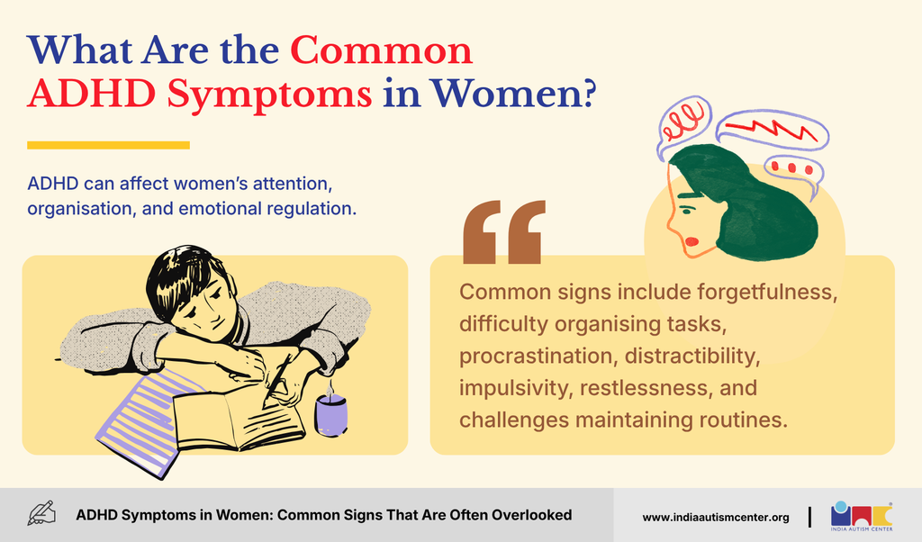 Common ADHD symptoms in women including forgetfulness, procrastination, distractibility, impulsivity and difficulty maintaining routines.